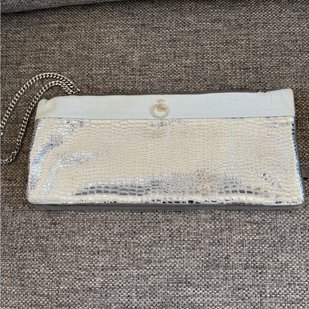 White and Silver Croc-Embossed Satchel Clutch - Gold Accent
